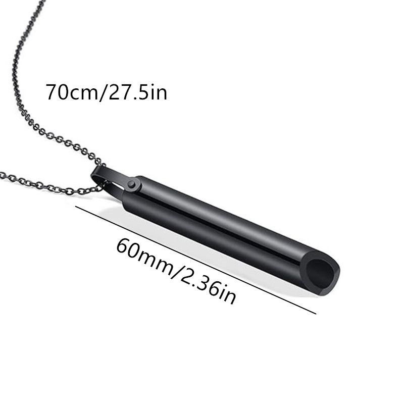 A black cylinder capsule pendant, 60 mm long on a 70 cm chain, shown with its dimensions annotated