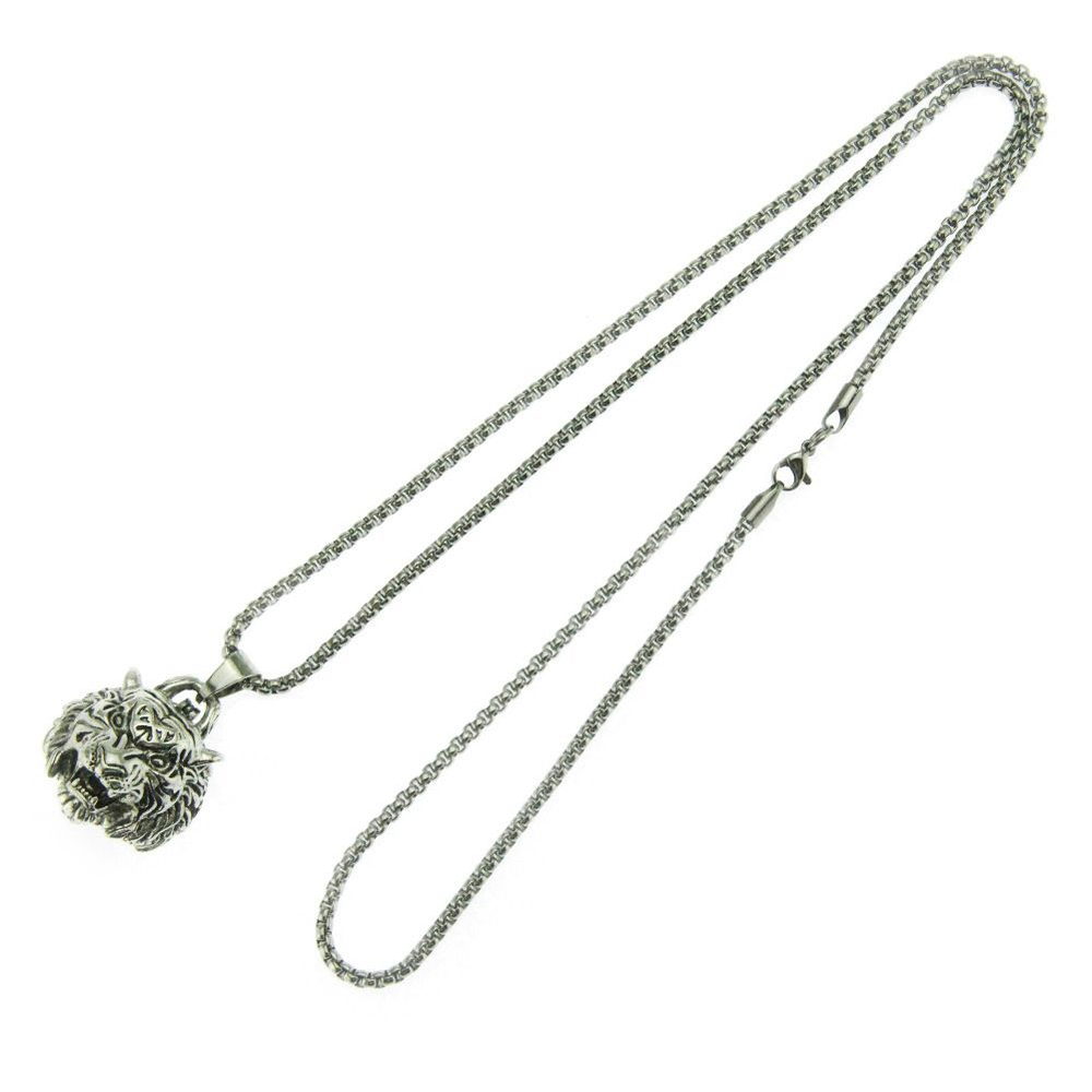 A steel-tone lion head relief pendant on a box chain, shown as an engrave-ready keepsake direction